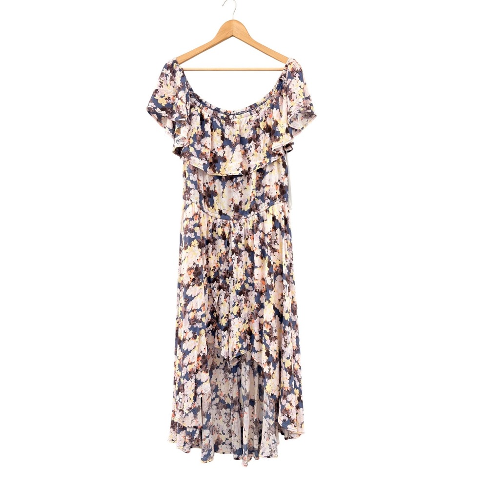 Torrid Floral High-Low Romper Womens 2 Blue Yellow Excellent Off Shoulder Ruffle